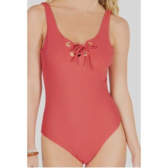 EUC Roxy Red White Polka Dot One Piece Swimsuit L - Picture 1 of 8